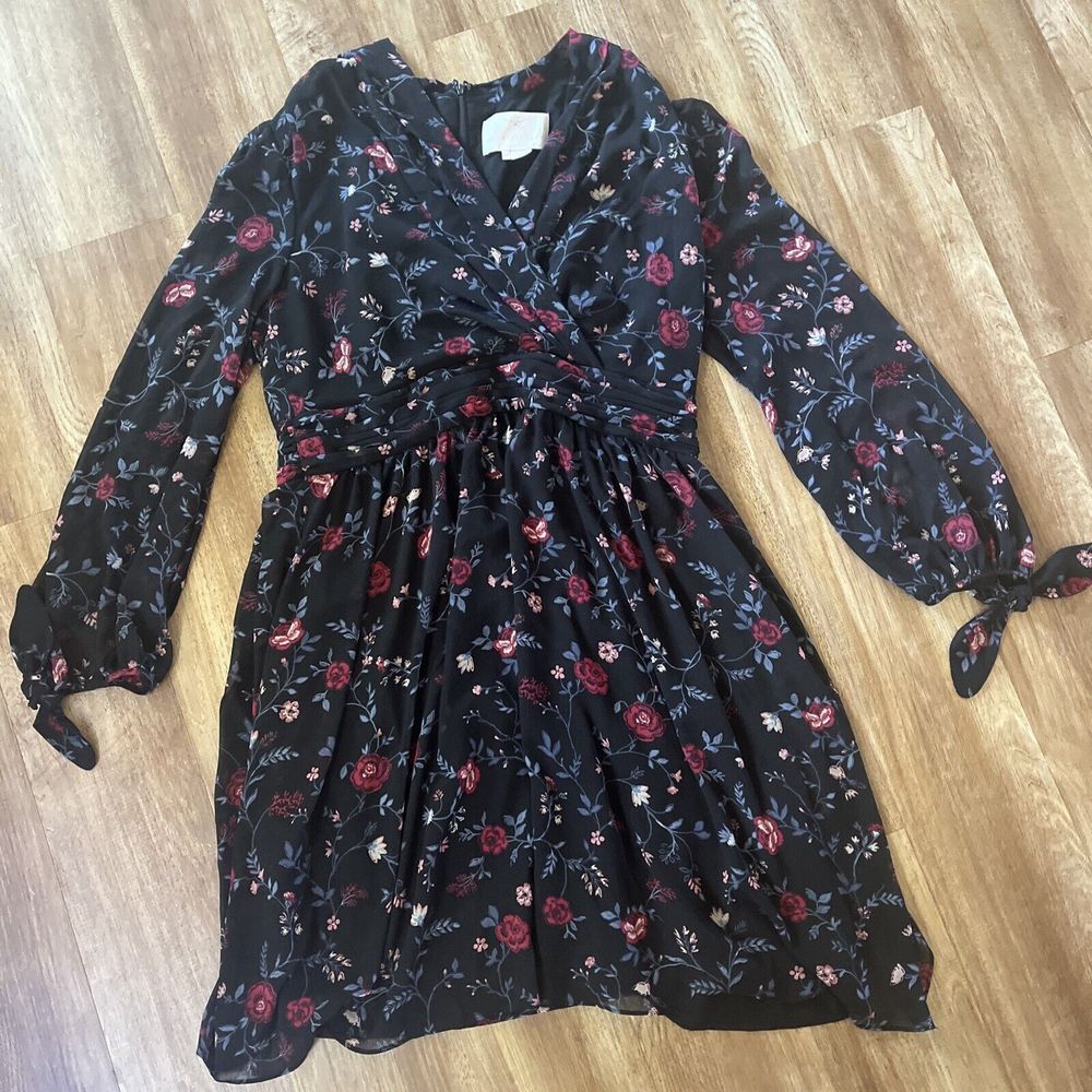 Gal Meets Glam Collection Black Floral Long Sleeve Dress Women's 14